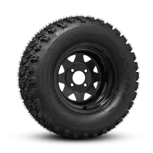 DURO DESERT 23x105x12 on 8 SPOKE STEEL WHEEL SATIN BLACK angled